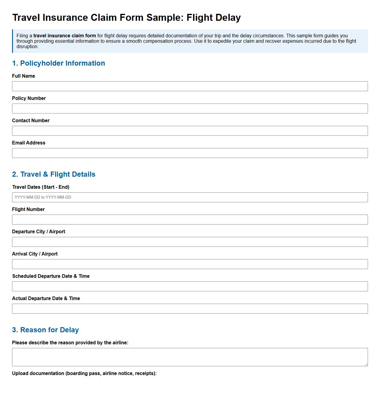 Travel insurance claim form sample for flight delay image preview