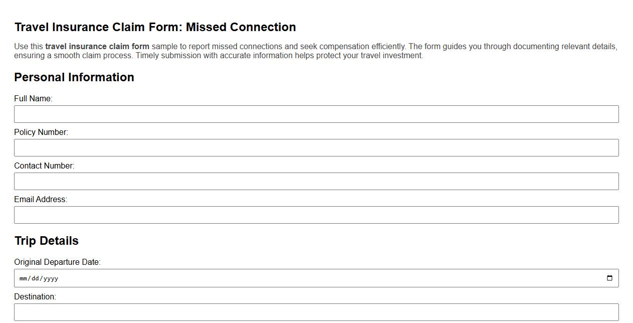 Travel insurance claim form sample for missed connection image preview