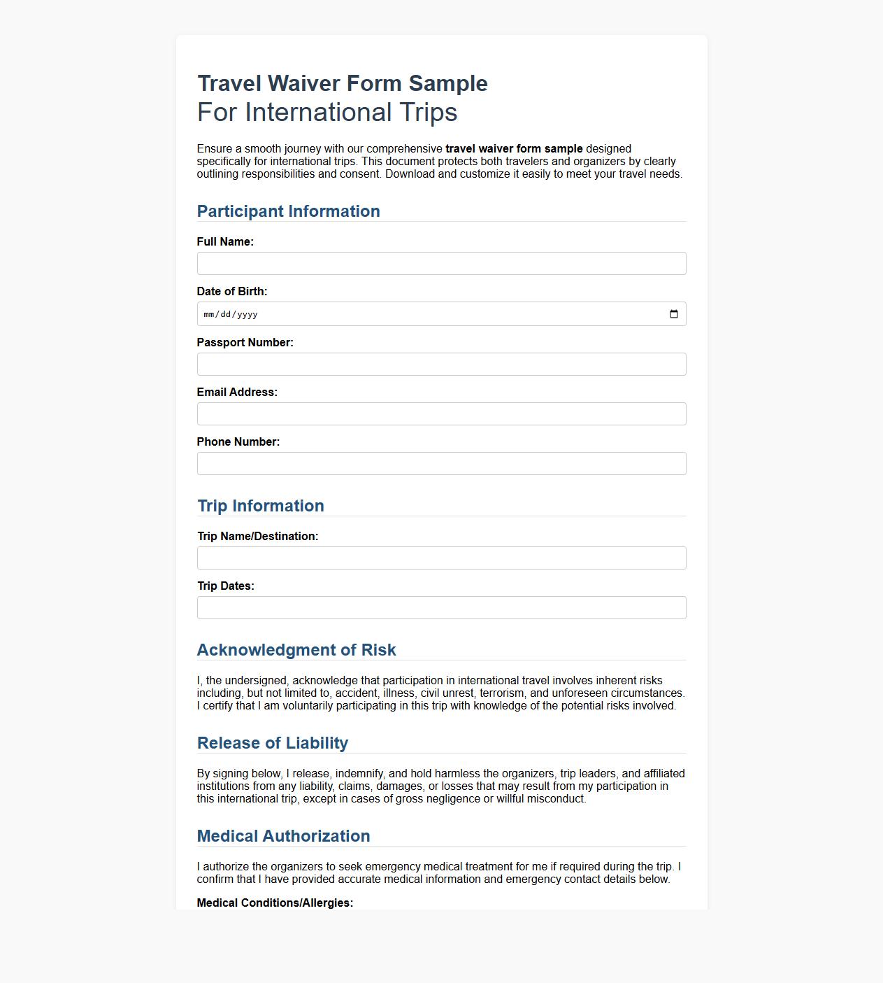 travel waiver form sample for international trips image preview