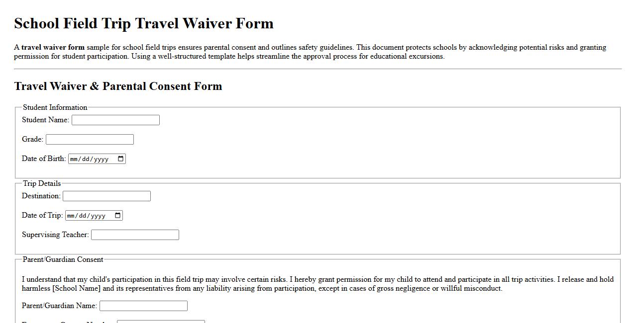 travel waiver form sample for school field trips image preview