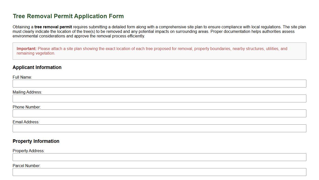 Tree removal permit form sample with site plan requirement image preview