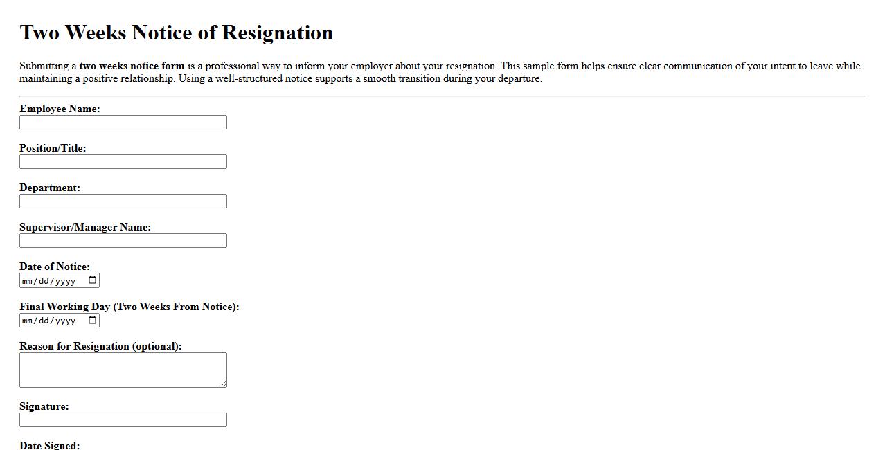 two weeks notice form sample for resignation image preview