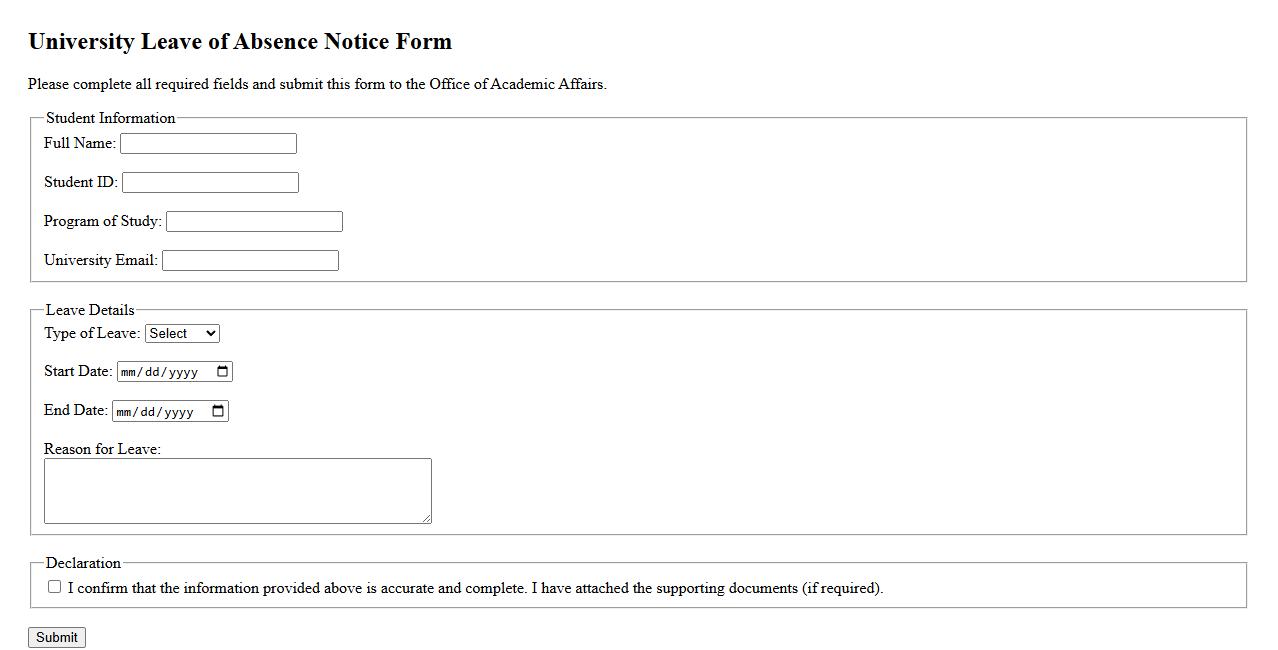 university leave of absence notice form sample for students image preview