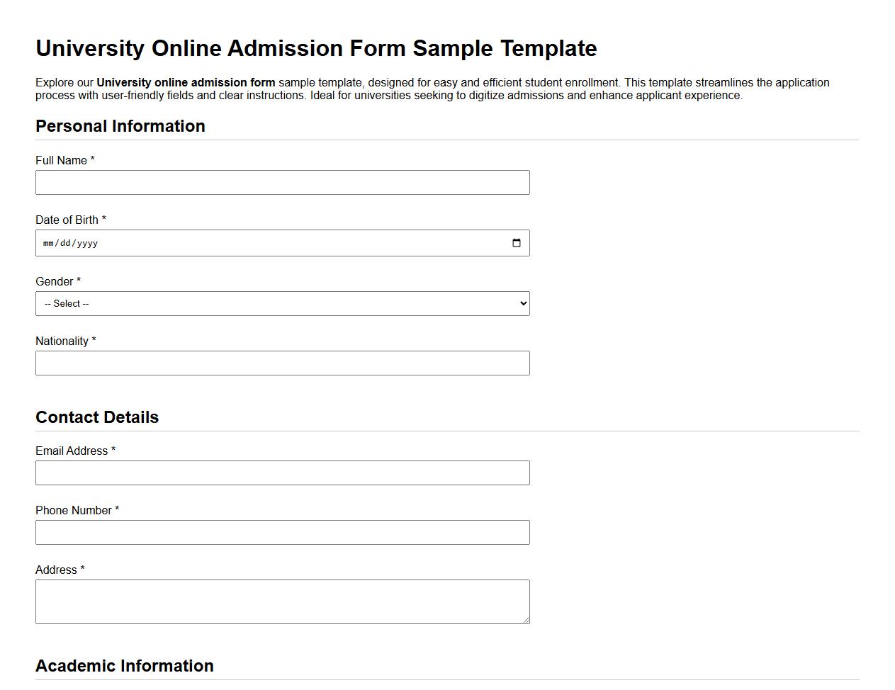 University online admission form sample template image preview