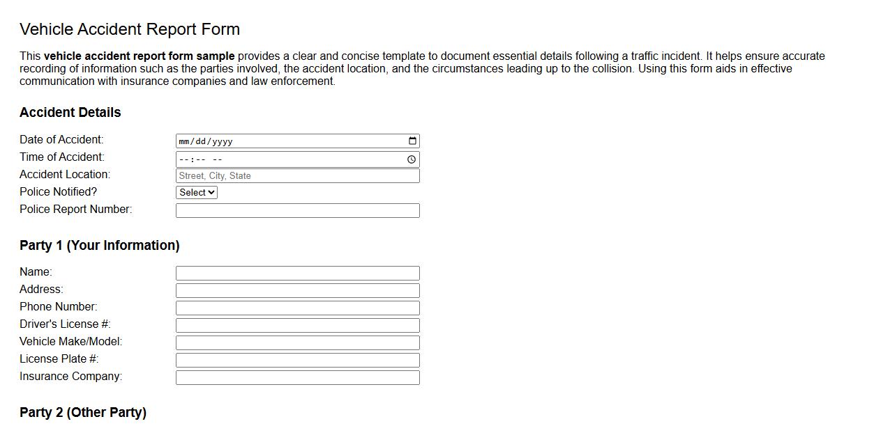 vehicle accident report form sample image preview