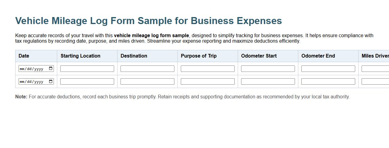 Vehicle mileage log form sample for business expenses image preview