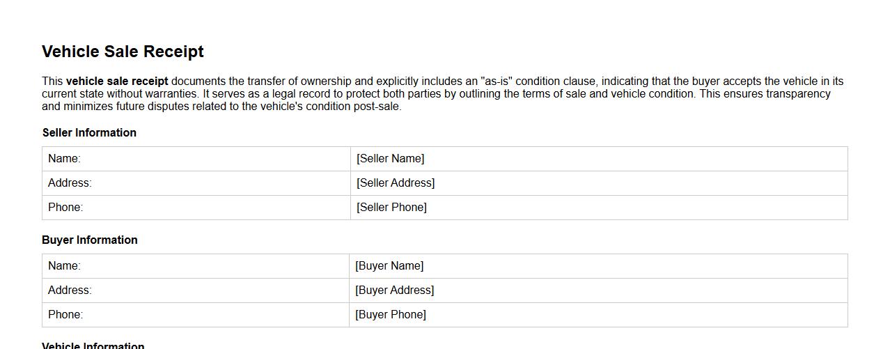 Vehicle sale receipt including as-is condition clause image preview