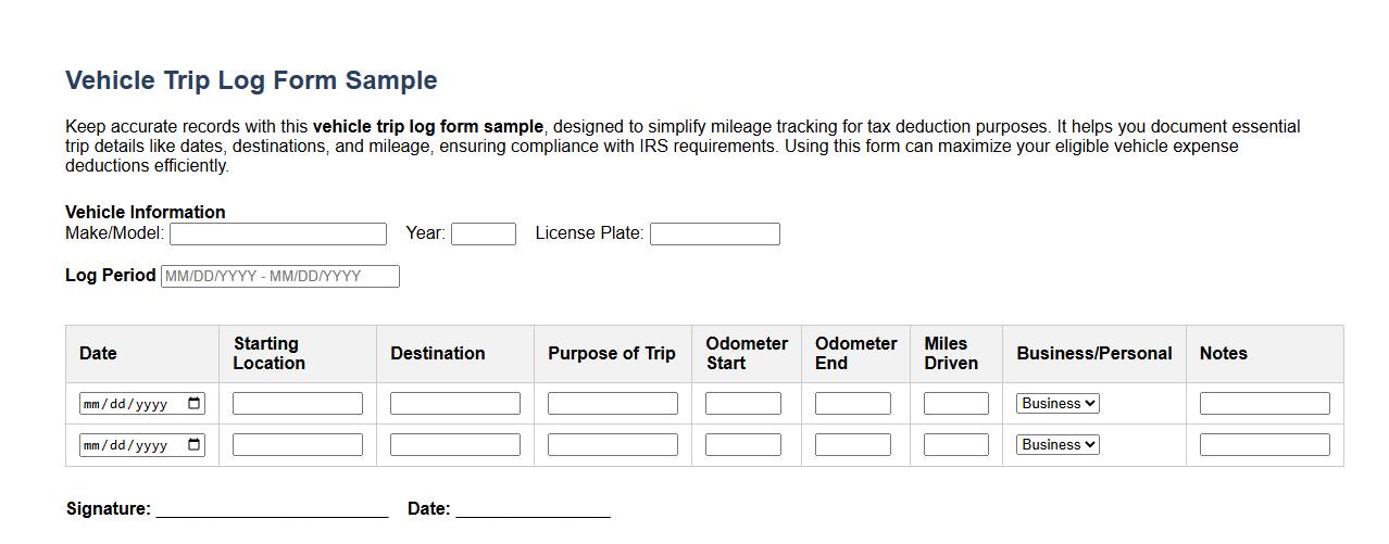 vehicle trip log form sample for tax deduction image preview