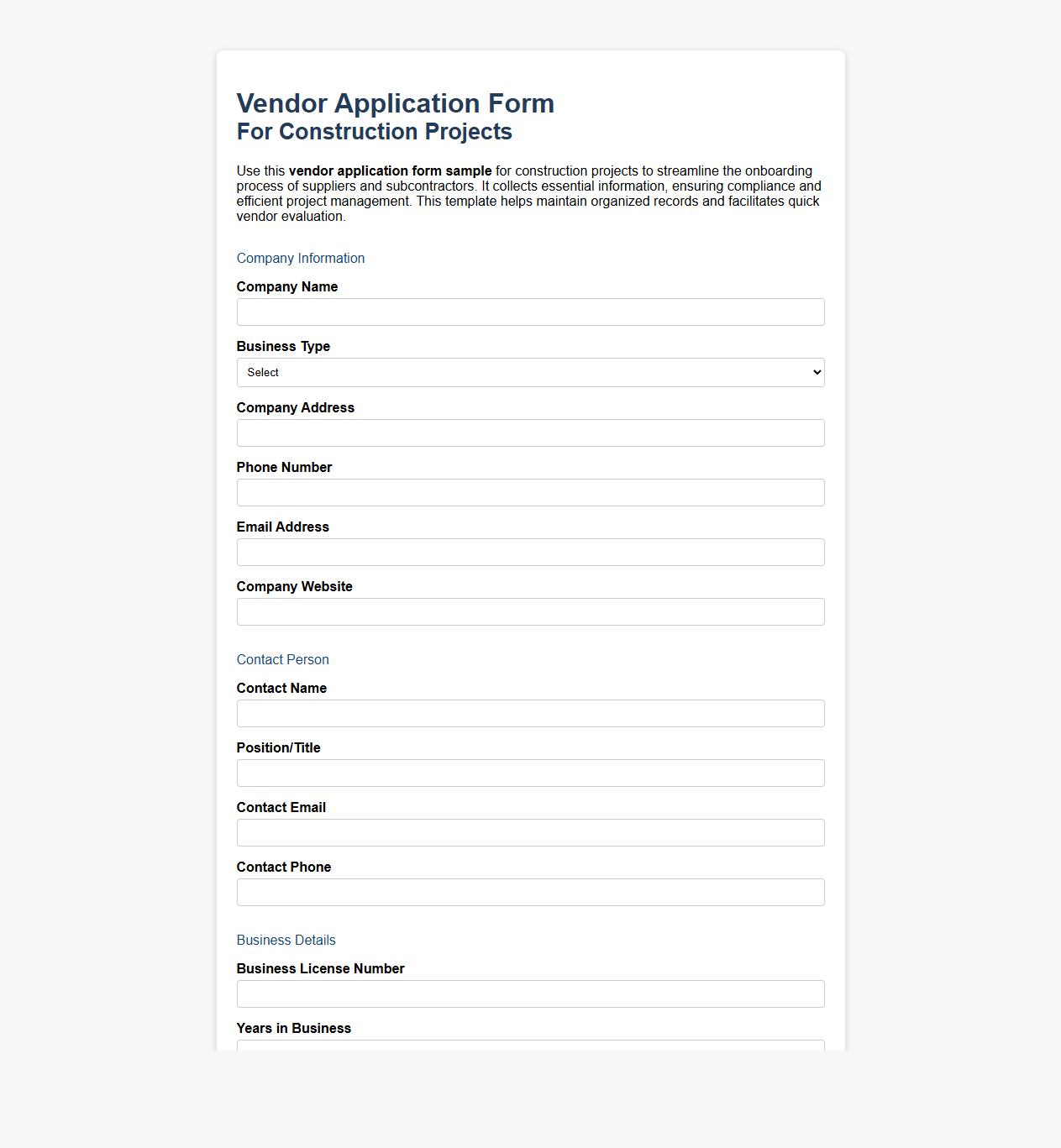vendor application form sample for construction projects image preview