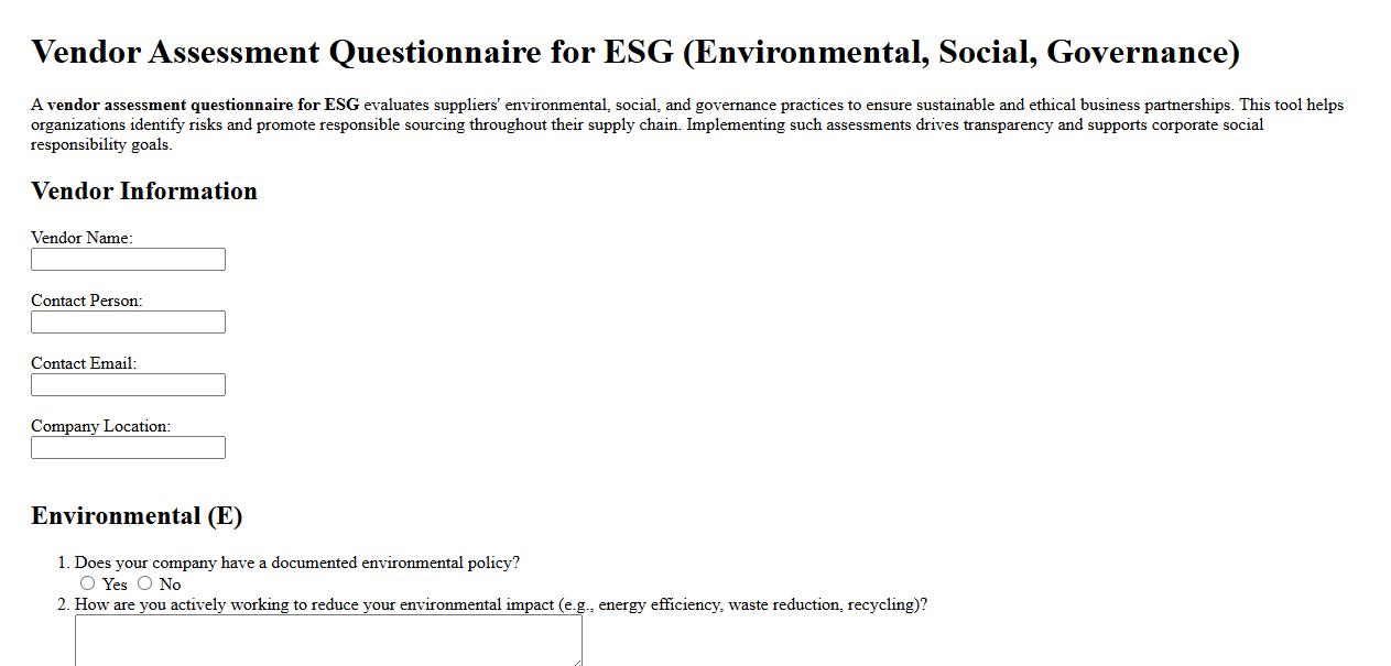 vendor assessment questionnaire for ESG (environmental, social, governance) image preview