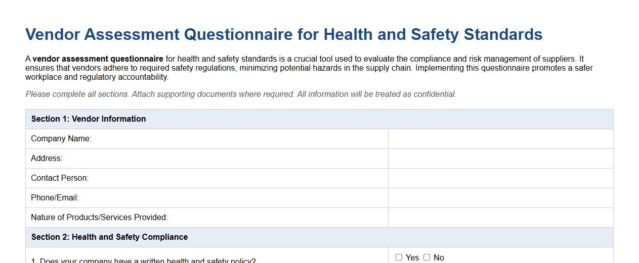 vendor assessment questionnaire for health and safety standards image preview