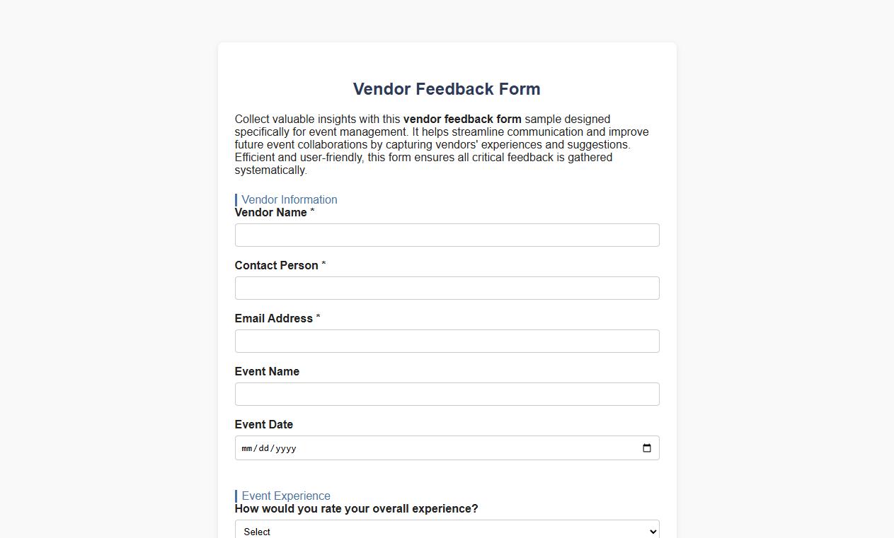 Vendor feedback form sample for event management image preview