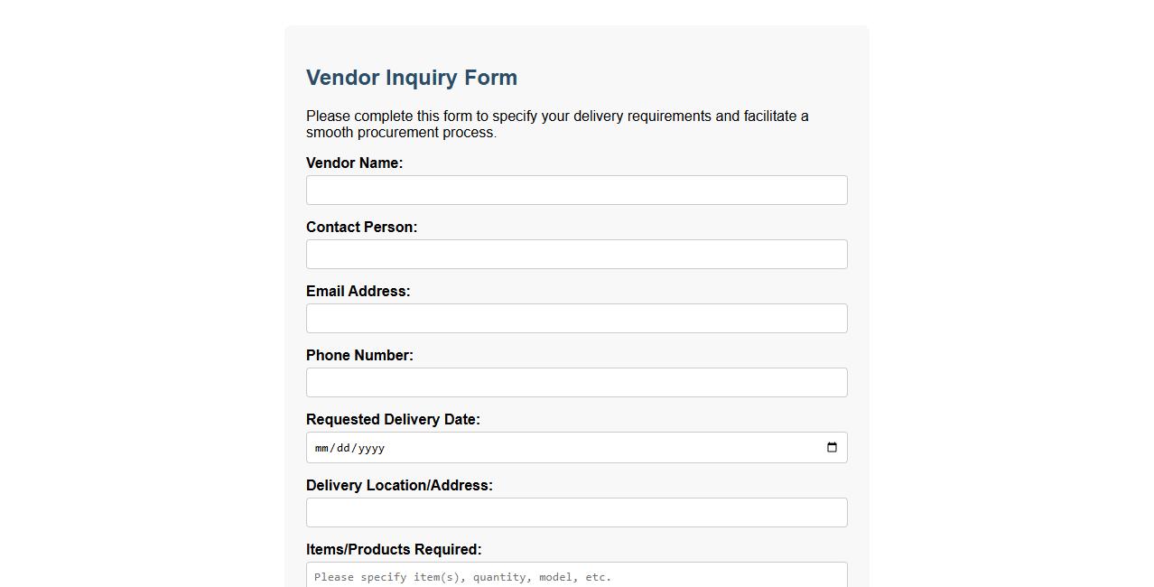 Vendor inquiry form sample detailing delivery requirements image preview