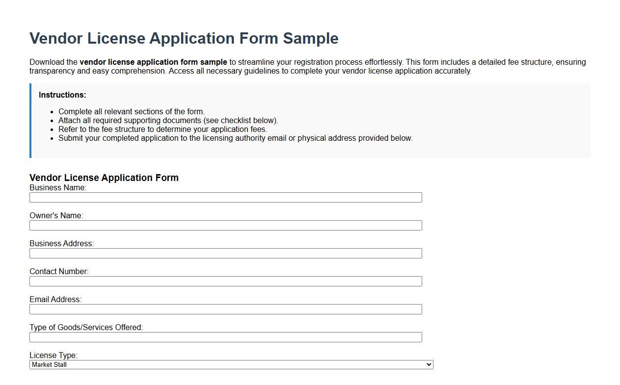 vendor license application form sample with fee structure image preview