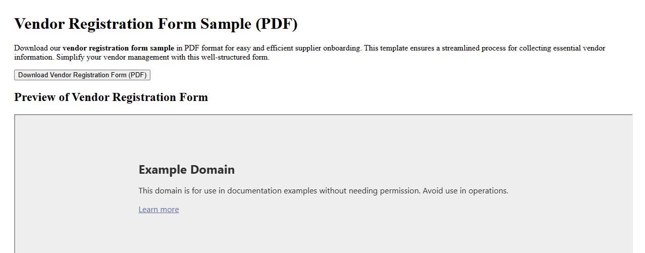 Vendor registration form sample in PDF format image preview