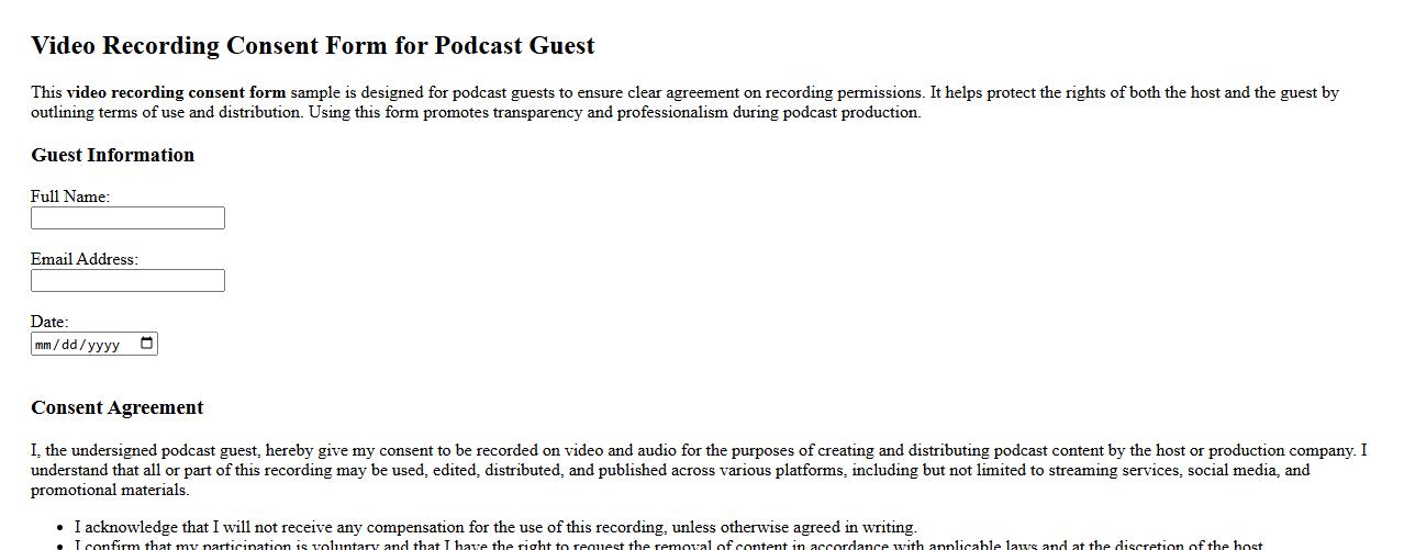 Video recording consent form sample for podcast guest image preview