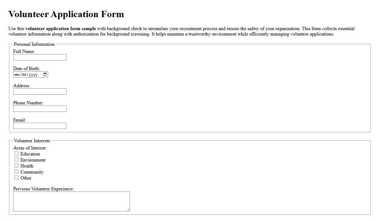 Volunteer application form sample with background check image preview