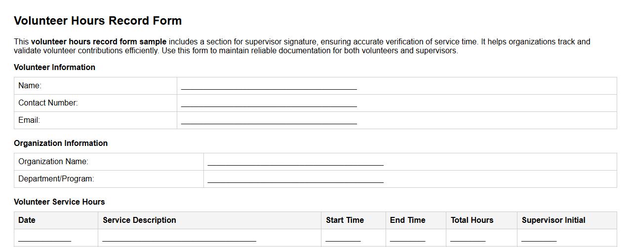 volunteer hours record form sample with supervisor signature image preview