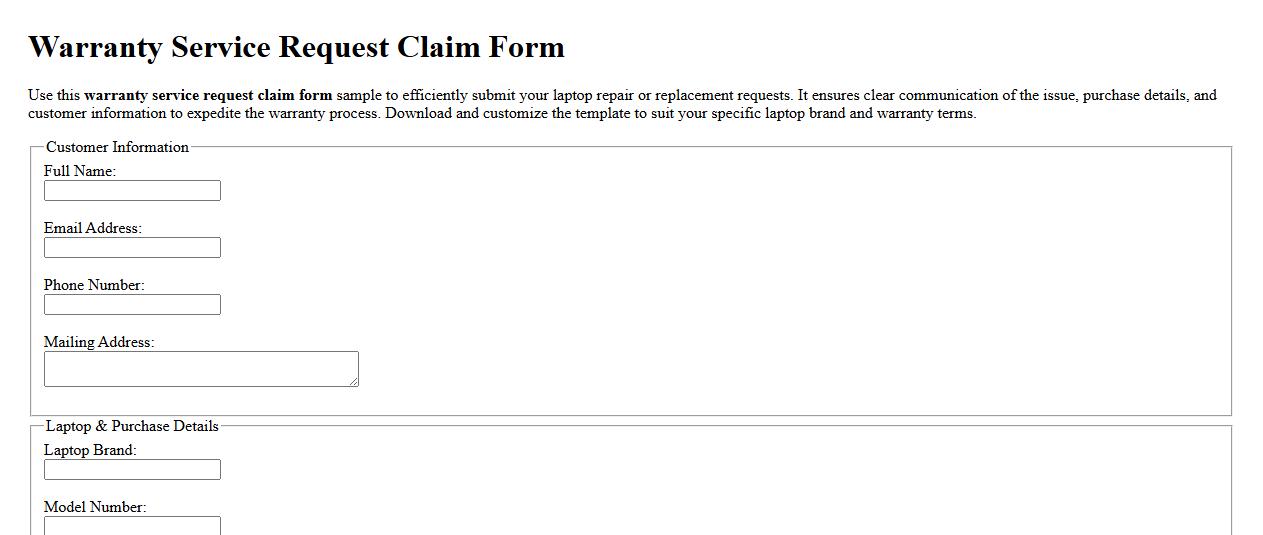 Warranty service request claim form sample for laptops image preview