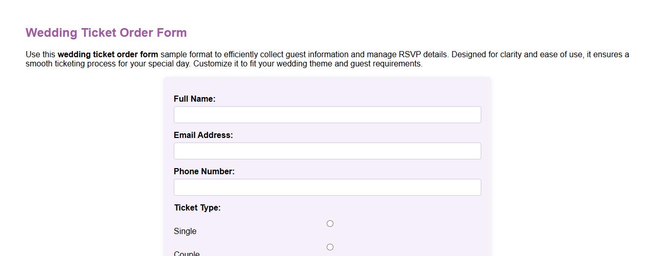 Wedding ticket order form sample format image preview