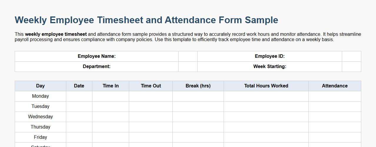 Weekly employee timesheet and attendance form sample image preview