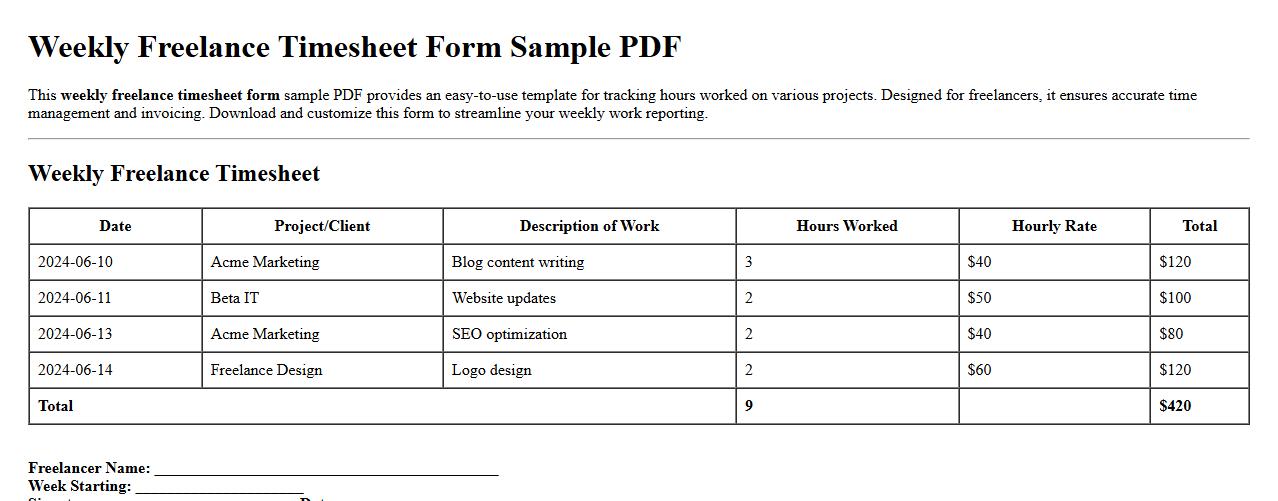 Weekly freelance timesheet form sample PDF image preview