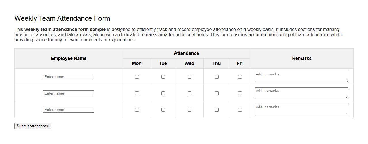 weekly team attendance form sample with remarks image preview