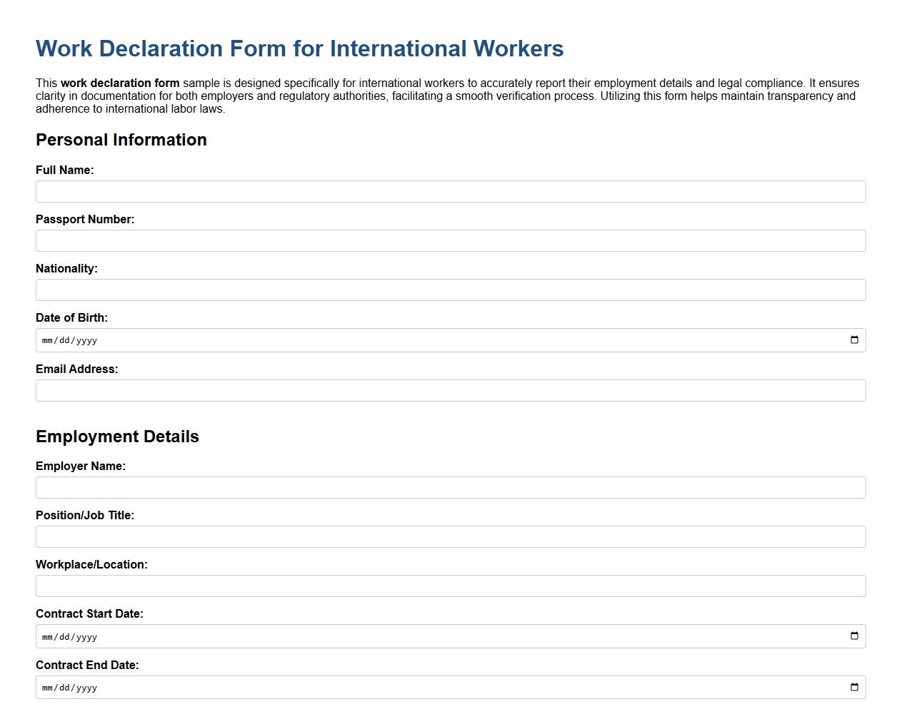 Work declaration form sample for international workers image preview