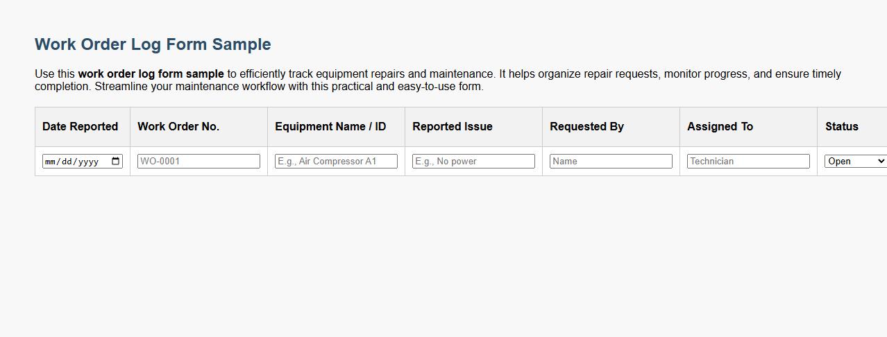 work order log form sample for equipment repair tracking image preview