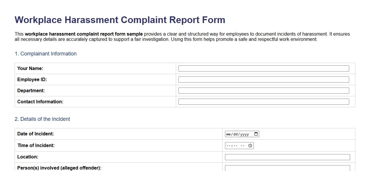 workplace harassment complaint report form sample image preview
