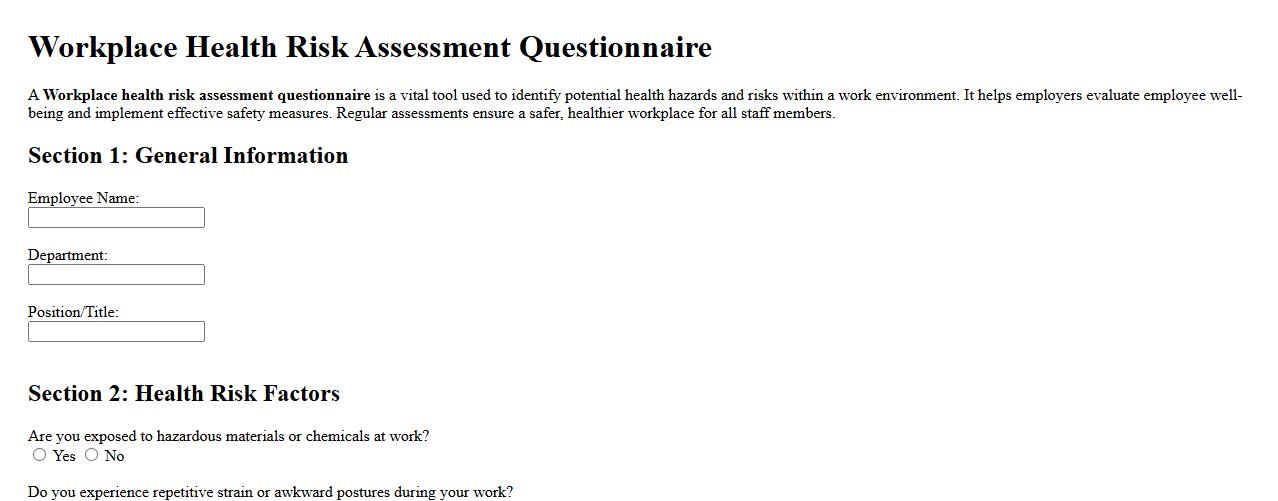 Workplace health risk assessment questionnaire image preview