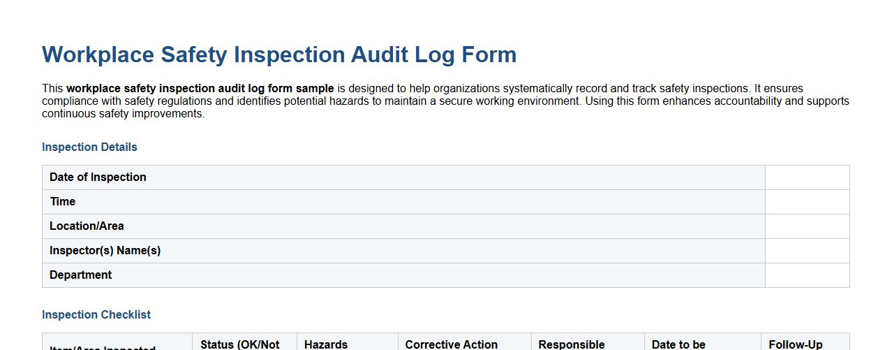 workplace safety inspection audit log form sample image preview