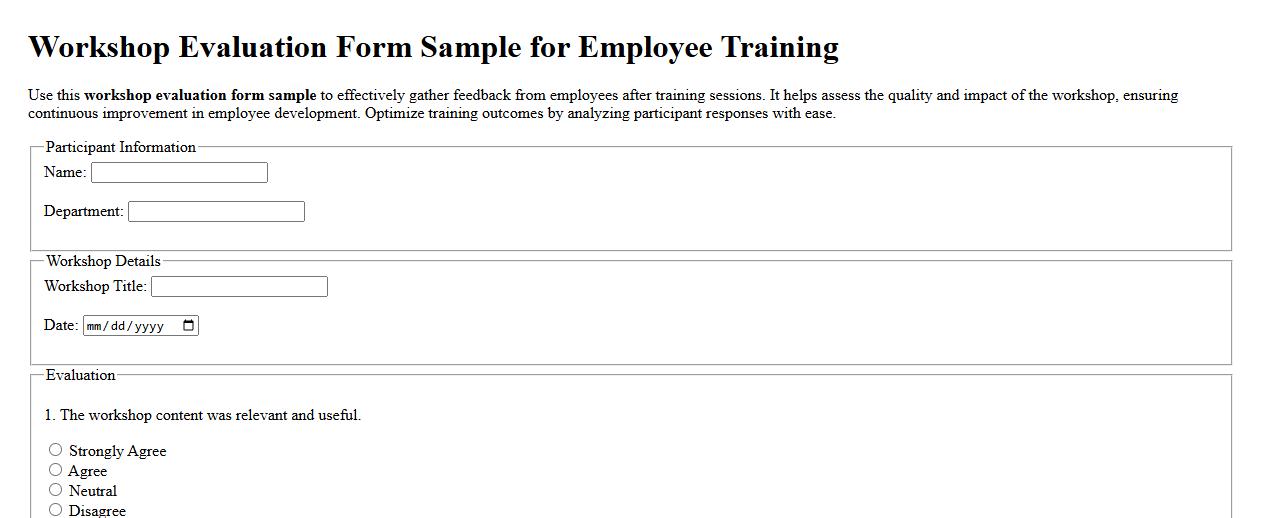 Workshop evaluation form sample for employee training image preview