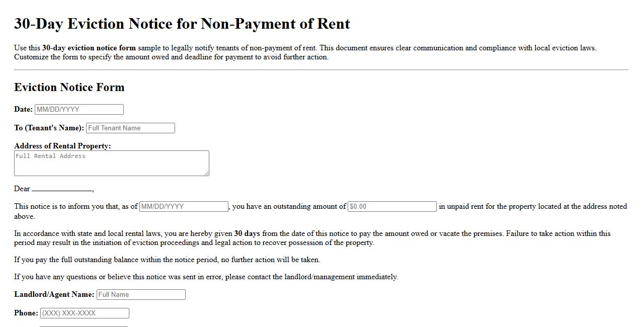 30-day eviction notice form sample for non-payment of rent image preview