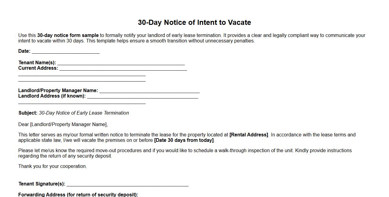 30-day notice form sample for early lease termination image preview