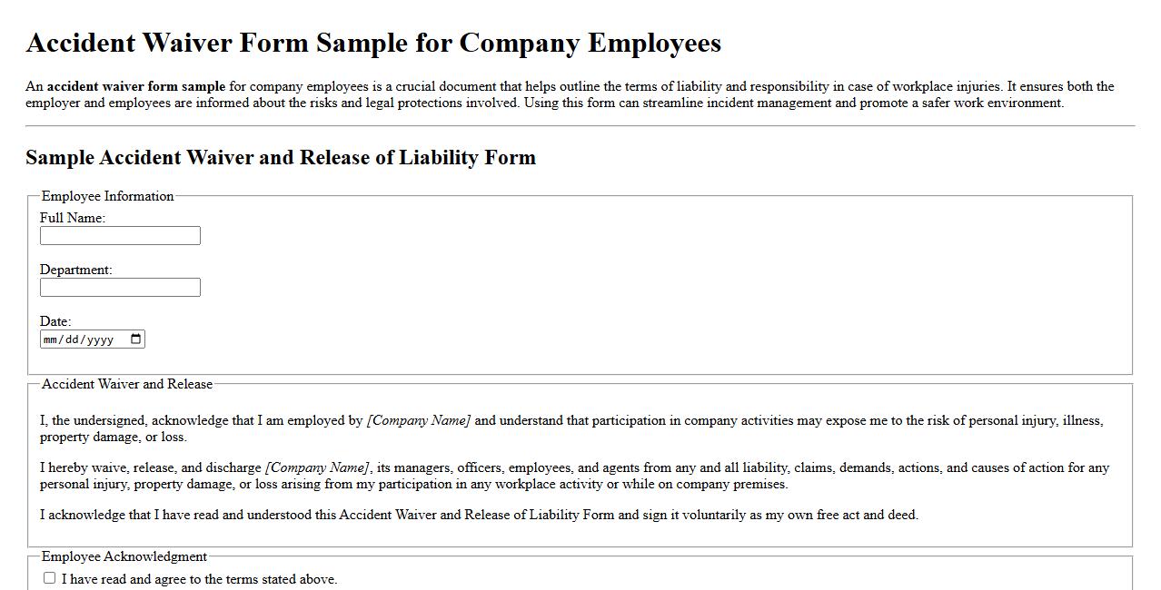 accident waiver form sample for company employees image preview