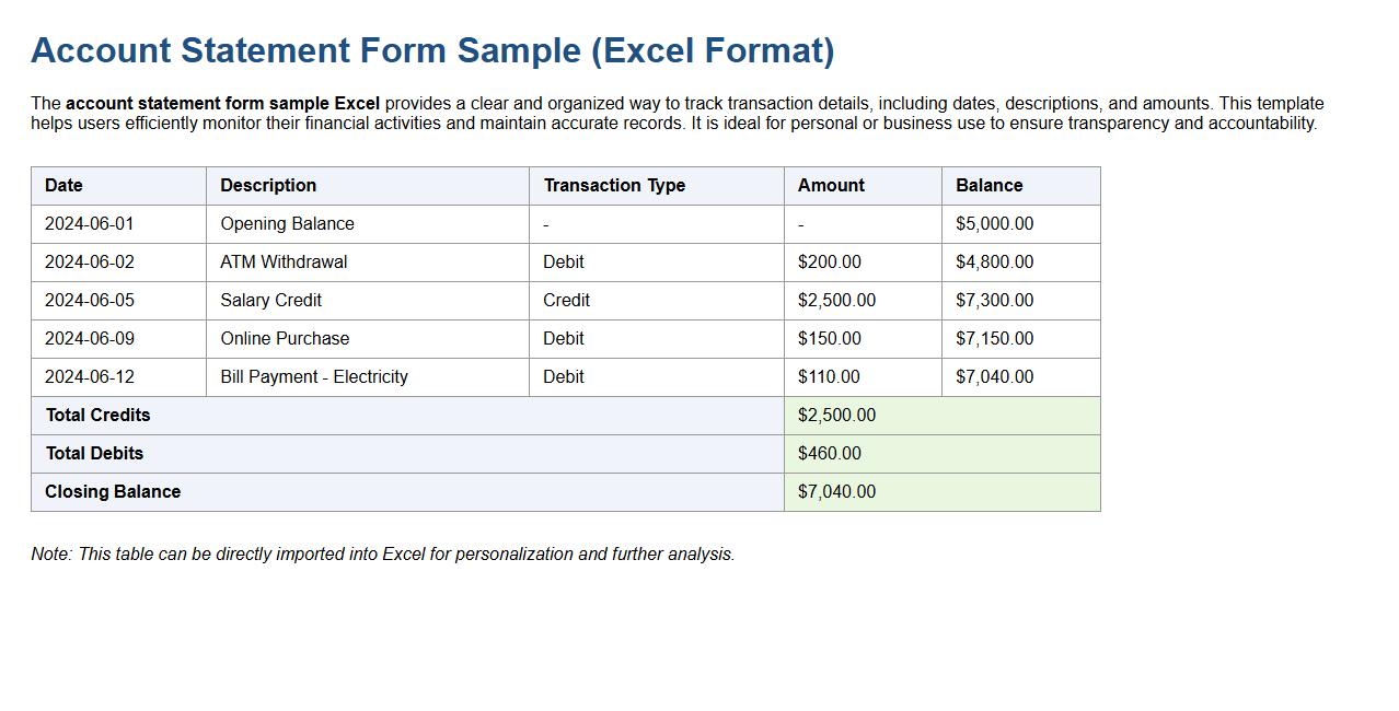 account statement form sample excel with transaction details image preview
