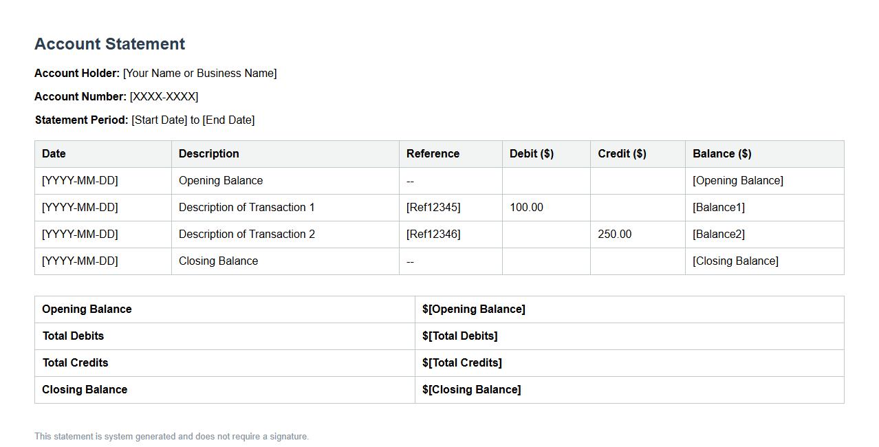 Account statement template including opening and closing balances image preview