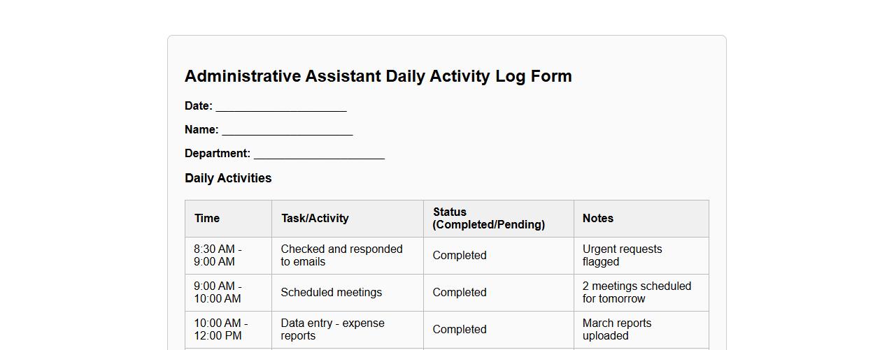 administrative assistant daily activity log form sample image preview
