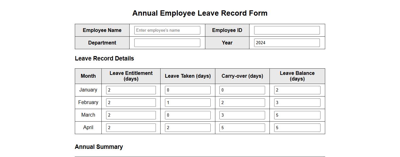 annual employee leave record form sample with calculations image preview