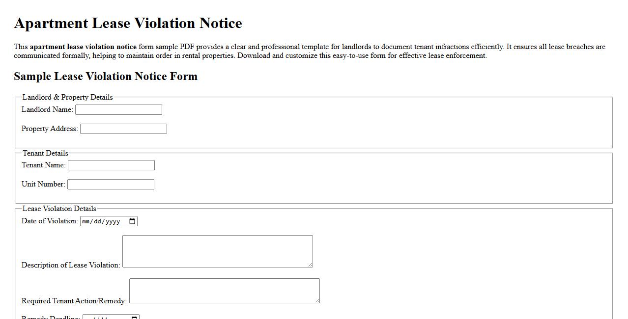 apartment lease violation notice form sample pdf image preview