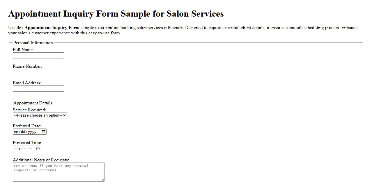 Appointment Inquiry Form Sample for Salon Services image preview