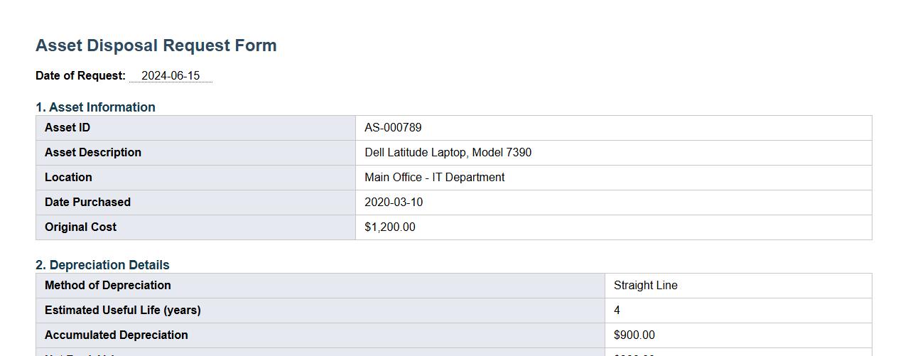 asset disposal request form sample with depreciation details image preview