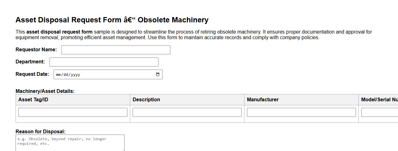 asset disposal request form sample for obsolete machinery image preview