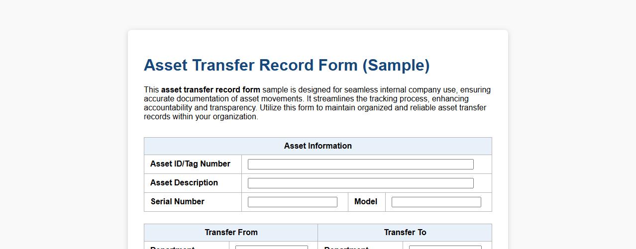 Asset transfer record form sample for internal company use image preview