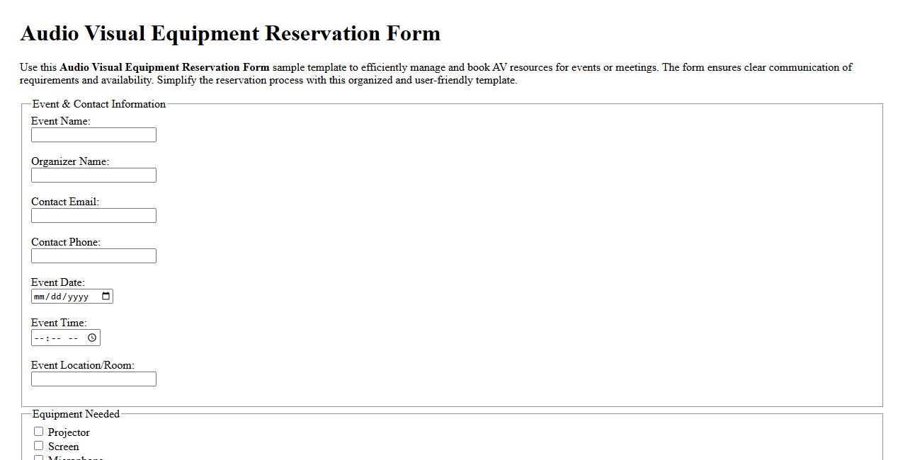 Audio visual equipment reservation form sample template image preview