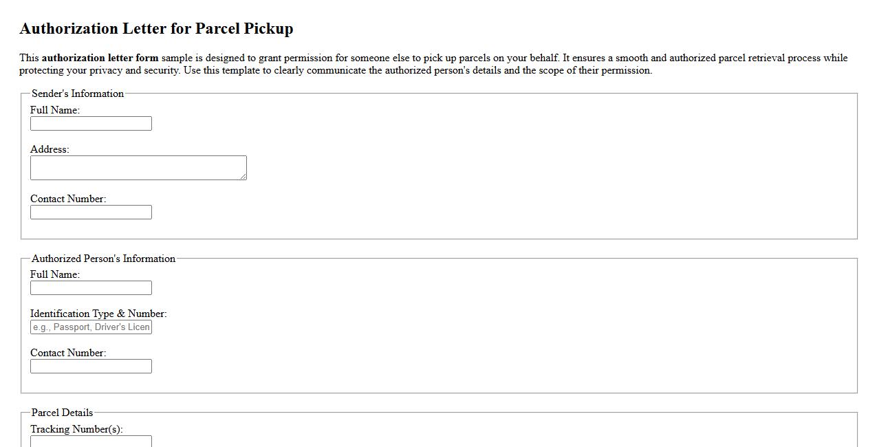 Authorization letter form sample for picking up parcels image preview