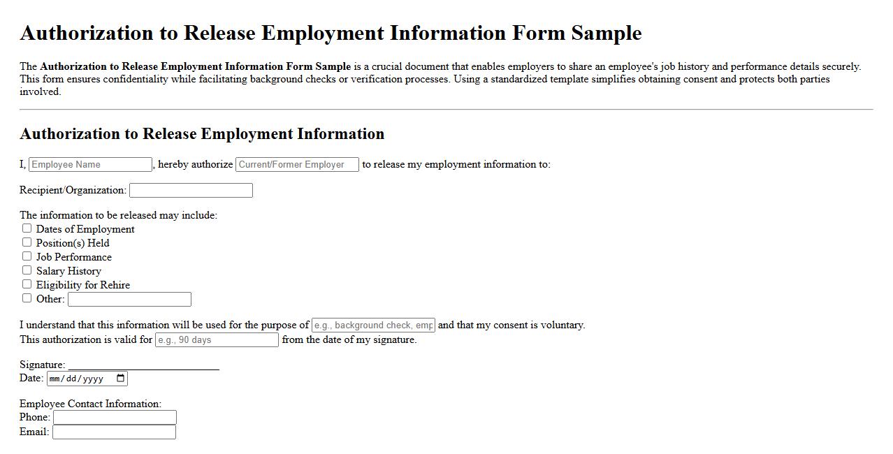 Authorization to Release Employment Information Form Sample image preview