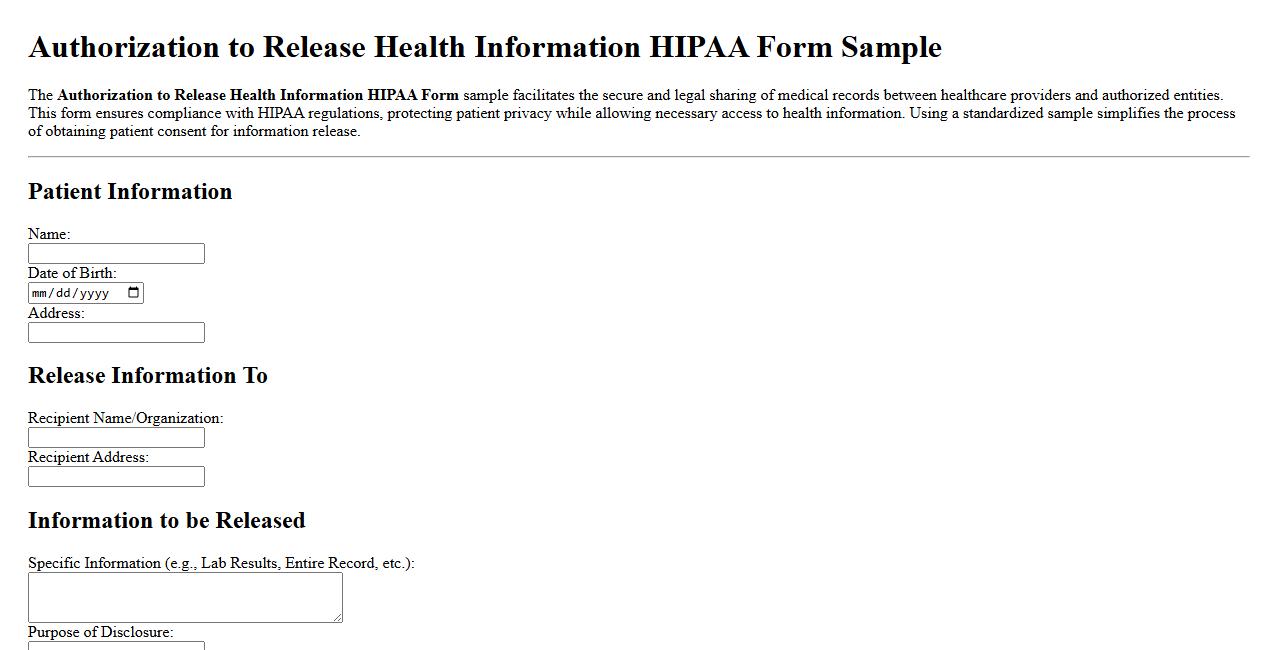 Authorization to Release Health Information HIPAA Form Sample image preview