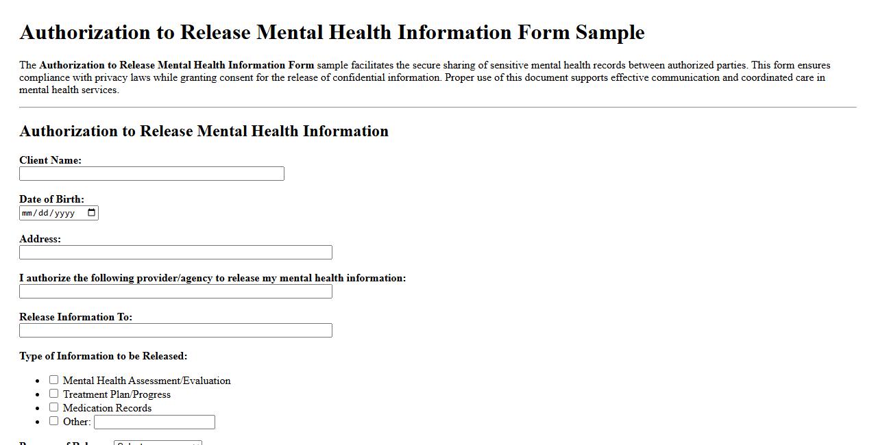 Authorization to Release Mental Health Information Form Sample image preview